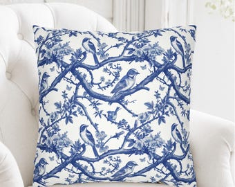 Chinoiserie Blue & White Pillowcase, Toile de Jouy Throw Pillow Cover, Decorative Cushion, Vintage Home Decor, Square Pillow Sham, Gift idea