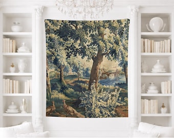 May include: A rectangular wall tapestry featuring a detailed landscape scene with large trees, lush foliage, and two birds in the foreground. The background depicts a river with a stone bridge under a soft sky, rendered in shades of green, blue, and brown.
