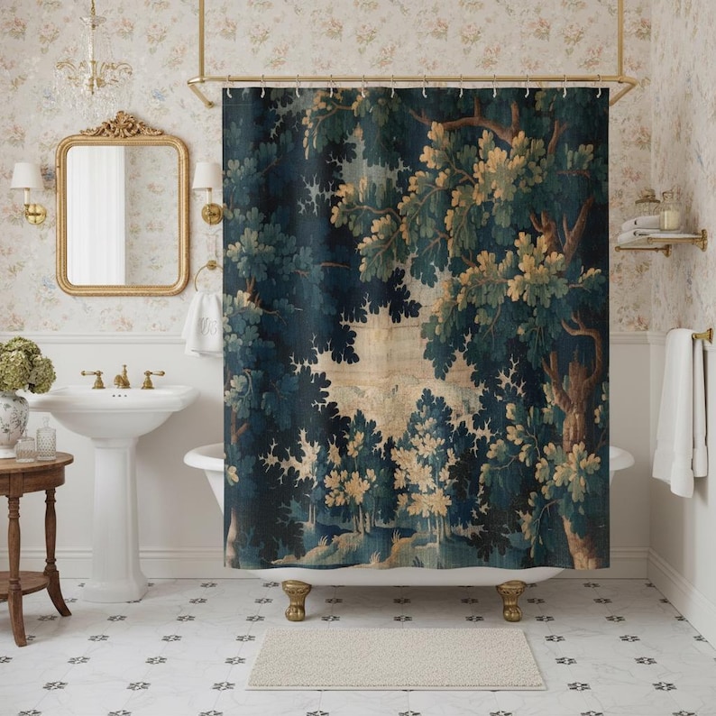 Add vintage charm to your bathroom with this stunning shower curtain, featuring a reproduction of an 18th-century Aubusson verdure tapestry. The lush woodland scene brings antique elegance to your bathroom decor, making it a perfect centerpiece for any bathroom renovation. Crafted from high-quality fabric, this bath curtain combines historic beauty with everyday functionality. Elevate your home decor with this unique tapestry-inspired bathroom accessory.