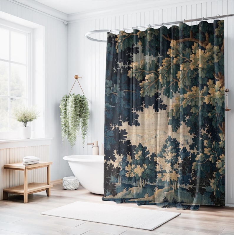 Add vintage charm to your bathroom with this stunning shower curtain, featuring a reproduction of an 18th-century Aubusson verdure tapestry. The lush woodland scene brings antique elegance to your bathroom decor, making it a perfect centerpiece for any bathroom renovation. Crafted from high-quality fabric, this bath curtain combines historic beauty with everyday functionality. Elevate your home decor with this unique tapestry-inspired bathroom accessory.