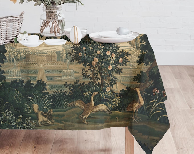 French Verdure Tapestry Tablecloth, Vintage Table Cover, Elegant Dining Decor, Baroque Kitchen Linens, Home Entertaining Essential