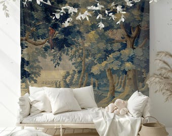 Verdure Landscape Tapestry Wall Hanging: Antique Cottagecore Decor, Printed Fabric Reproduction