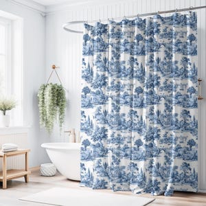 Toile de Jouy Duschvorhang, Bauernhaus Duschvorhang, Vintage Wohndekor, Grandmillennial Chic, Blau und Weiß