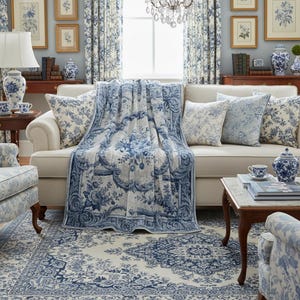 Luxury crushed velvet throw blanket featuring an antique-inspired vintage French Aubusson blue and white floral Marie Antoinette design. Soft, fluffy, comfy and cozy, this heritage design elevates home decor in any bedroom or living room. Style it on a sofa, as a bed cover or bedspread in traditional, grandmillennial, French country, or shabby chic interiors. A refined gift for art lovers.