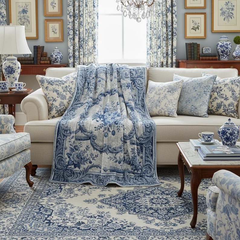Luxury crushed velvet throw blanket featuring an antique-inspired vintage French Aubusson blue and white floral Marie Antoinette design. Soft, fluffy, comfy and cozy, this heritage design elevates home decor in any bedroom or living room. Style it on a sofa, as a bed cover or bedspread in traditional, grandmillennial, French country, or shabby chic interiors. A refined gift for art lovers.
