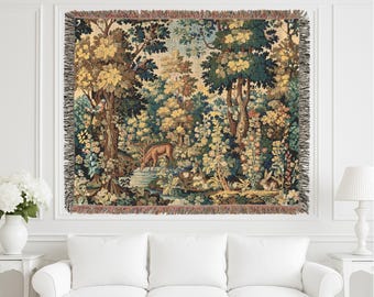 French Verdure Woven Wall Tapestry, Vintage Chateau-style Throw Blanket, Antique Home Decor, Bedspread, Wall Hanging, Wall Art Decor, Gift