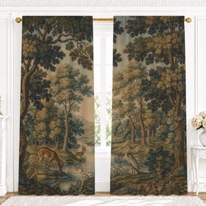 May include: A pair of floor-length curtains featuring a continuous tapestry-style print of a forest landscape. The design depicts tall trees, a winding river, a deer drinking water, and a tall heron standing on the riverbank in shades of green and brown.