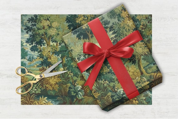 French Verdure Tapestry Gift Wrap Paper, Vintage Holiday and Christmas Wrapping Sheets, Elegant Present Paper Roll, Art & Crafting Sheets