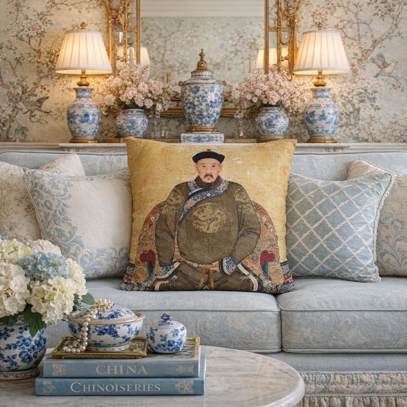 Chinese Emperor Pillow, Chinoiserie Ancestor Portrait Throw Pillow ...