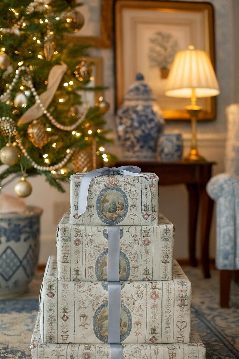 Wrap your presents this Christmas holiday season in elegance with this vintage French chateau neoclassical design. Featuring intricate details, this antique-style wrap adds sophistication to any gift packaging. Perfect for DIY projects, scrapbooking, art supplies, and crafting, this high-quality paper roll enhances any occasion with its timeless charm. Elevate your gift wrap with historic beauty and luxurious packaging.