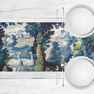 French Verdure Tapestry Table Runner, Pastoral Landscape with Animals Design, Vintage Home Decor, Antique Table Linens, Elegant Home Textile