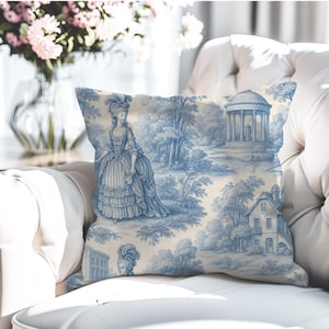 Franse landelijke kussensloop toile de jouy, Marie Antoinette in haar landgoed Versailles, blauw-witte kussenhoes woondecoratie, sierkussen