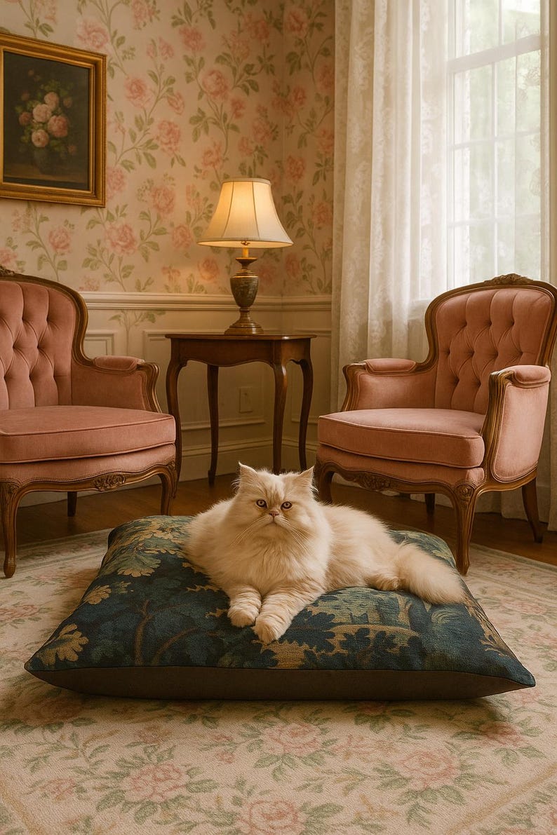 Bring timeless charm to your space with this pet bed featuring an 18th century French Aubusson verdure tapestry print. A perfect blend of vintage elegance and comfort, this luxury pet bed doubles as a dog bed, cat bed, or stylish pet mat. Ideal for grandmillennial, cottagecore, farmhouse, and rustic interiors. Use as pet furniture or a decorative cushion. A refined addition to your home decor and pet supplies, showcasing antique print style in a cozy country design.