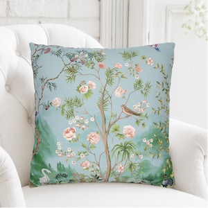 Fodera per cuscino Chinoiserie: Paesaggio botanico orientale, cuscino decorativo esotico asiatico