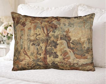 Kussensloop van groen katoen, antiek vintage Aubusson-wandtapijt slaapkamerdecoratie
