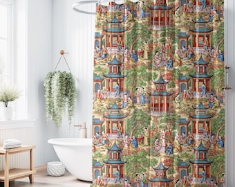 Chinoiserie duschdraperi - reproduktion av kinesisk konst från 1700-talet, asiatisk badrumsinredning, orientalisk baddraperi, lyxigt heminredningstillbehör