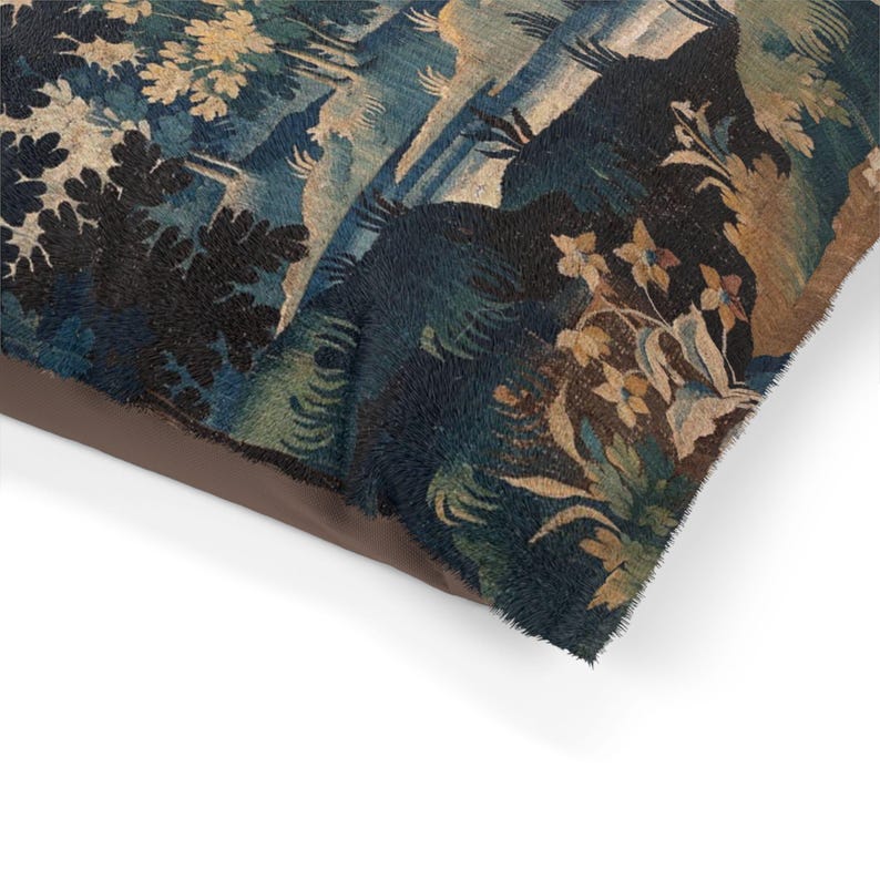 Bring timeless charm to your space with this pet bed featuring an 18th century French Aubusson verdure tapestry print. A perfect blend of vintage elegance and comfort, this luxury pet bed doubles as a dog bed, cat bed, or stylish pet mat. Ideal for grandmillennial, cottagecore, farmhouse, and rustic interiors. Use as pet furniture or a decorative cushion. A refined addition to your home decor and pet supplies, showcasing antique print style in a cozy country design.