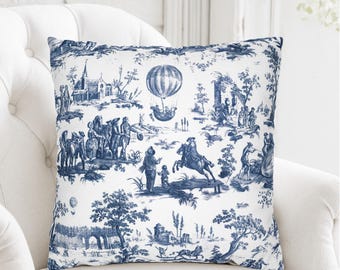 Federa per cuscino in stile Toile de Jouy francese blu e bianca, design antico e storico, cuscino decorativo vintage, copricuscino, federa, idea regalo