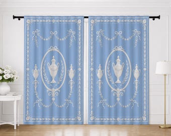 Op wedgwood geïnspireerd raamgordijn | Neoklassiek blauw-wit verduisterend gordijn, enkel paneel
