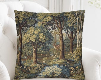French Verdure Tapestry Pillow Cover, Antique Aubusson Throw Cushion, Vintage Forest Pillowcase, French Country Decor, Unique Gift for Home