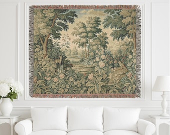 French Verdure Woven Tapestry, Vintage Chateau-style Wall Hanging, Antique Home Decor, Bedspread, Throw Blanket, Wall Art Decor, 100% Cotton
