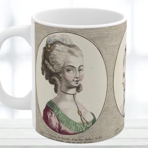 Francuski rokoko fryzura ilustracja mody kubek, kapryśny kubek do kawy, kubek do herbaty w stylu Marii Antoniny, kubek do gorącej czekolady, fajny prezent na kubek do herbaty