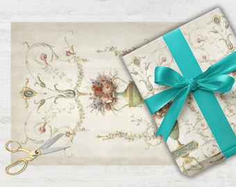 May include: A gift wrapped in floral patterned paper with a teal ribbon and bow. A sheet of matching paper with a floral design and a pair of gold scissors are also present. The overall theme is vintage and decorative.