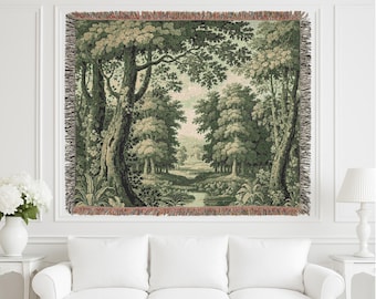 French Verdure Woven Tapestry, Antique Vintage Wall Hanging, Bedspread & Throw Blanket