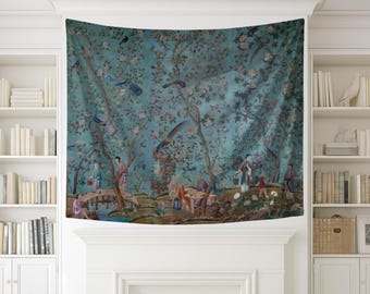 Chinoiserie Wall Hanging, Antique Style Chinese 100% Polyester Tapestry, Printed Fabric Reproduction, Asian Home Decor, Vintage Wall Art