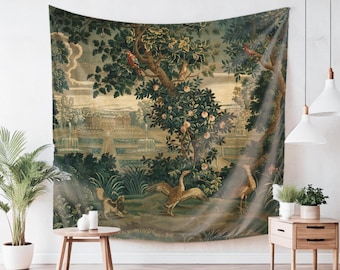 French Verdure Wall Hanging, Antique Château and Garden Wall Tapestry Reproduction, Vintage Home Decor, Cottagecore, Grandmillennial, Gift