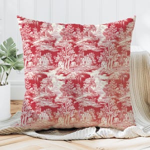 Charming Red & White French Country Toile de Jouy Pillow, Vintage Decorative Cushion Cover, Home Decor, Farmhouse Shabby Chic Throw Pillow
