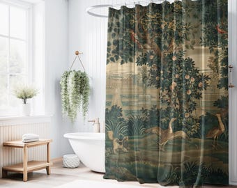 French Verdure Tapestry Shower Curtain, Vintage Bathroom Decor, Retro Fabric Bath Curtain, Washroom Interior Design, Home Spa Accessories