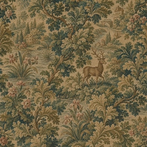 May include: A woven fabric featuring a repeating pastoral scene with a brown deer standing among dense green foliage, trees, and flowering plants. The background includes a river, a stone bridge, and a building rendered in muted earth tones.