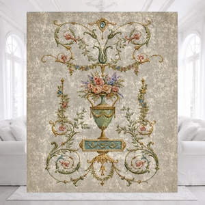 May include: A rectangular wall tapestry featuring a beige textured background with a central green urn filled with a bouquet of pink, blue, and white flowers. The design includes intricate gold and green scrolling foliage and floral garlands.