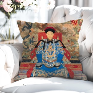 Chinese Ancestor Pillow Case, Chinoiserie Imperial Portrait Pillow Cover, Vintage Home Decor, Asian Art Cushion Case, Chic Throw Pillow Gift