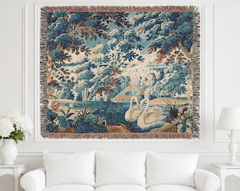 French Verdure Aubusson Woven Wall Tapestry, Blanket & Bedspread, Vintage Home Decor, Antique Wall Art Decor, Chateau Style Wall Hanging