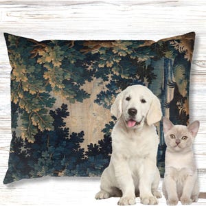 Bring timeless charm to your space with this pet bed featuring an 18th century French Aubusson verdure tapestry print. A perfect blend of vintage elegance and comfort, this luxury pet bed doubles as a dog bed, cat bed, or stylish pet mat. Ideal for grandmillennial, cottagecore, farmhouse, and rustic interiors. Use as pet furniture or a decorative cushion. A refined addition to your home decor and pet supplies, showcasing antique print style in a cozy country design.