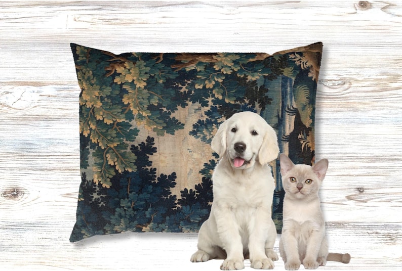 Bring timeless charm to your space with this pet bed featuring an 18th century French Aubusson verdure tapestry print. A perfect blend of vintage elegance and comfort, this luxury pet bed doubles as a dog bed, cat bed, or stylish pet mat. Ideal for grandmillennial, cottagecore, farmhouse, and rustic interiors. Use as pet furniture or a decorative cushion. A refined addition to your home decor and pet supplies, showcasing antique print style in a cozy country design.
