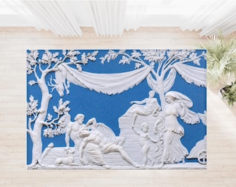Wedgwood Inspired Area Rug, Blue and White Neoclassical Design, Vintage Home Decor, Living Room Rug, Bedroom Carpet, Antique Floor Mat,