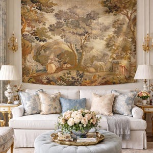 Bring timeless charm to your home with this 19th-century French verdure garden tapestry wall hanging. Featuring pastoral scenes, elegant figures, and lush foliage, this antique-style Aubusson piece adds a grandmillennial touch to any room. Perfect for French country, cottagecore, or vintage decor. Ideal for a living room, bedroom, or hallway. A statement piece for lovers of historic wall art, tapestries, and château interiors.