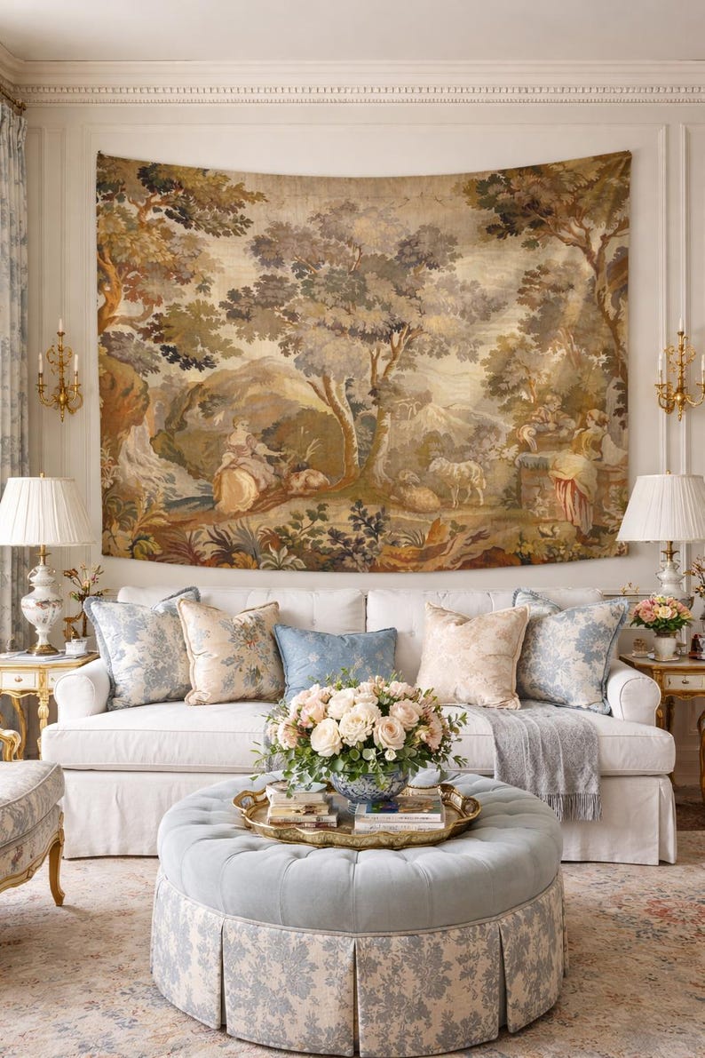Bring timeless charm to your home with this 19th-century French verdure garden tapestry wall hanging. Featuring pastoral scenes, elegant figures, and lush foliage, this antique-style Aubusson piece adds a grandmillennial touch to any room. Perfect for French country, cottagecore, or vintage decor. Ideal for a living room, bedroom, or hallway. A statement piece for lovers of historic wall art, tapestries, and château interiors.