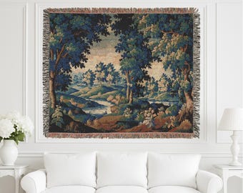 French Verdure Aubusson Woven Tapestry: Vintage Chateau Style, Doubles as Wall Hanging, Bedspread & Blanket