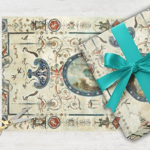 Wrap your presents this Christmas holiday season in elegance with this vintage French chateau neoclassical design. Featuring intricate details, this antique-style wrap adds sophistication to any gift packaging. Perfect for DIY projects, scrapbooking, art supplies, and crafting, this high-quality paper roll enhances any occasion with its timeless charm. Elevate your gift wrap with historic beauty and luxurious packaging.