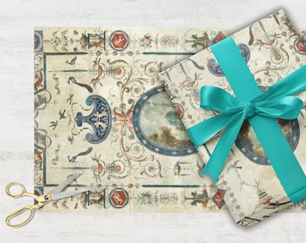 May include: Gift wrapping paper with an antique map design, featuring ornate illustrations and a teal ribbon tied in a bow. Gold scissors are placed on the paper, suggesting a craft or gift-giving theme.
