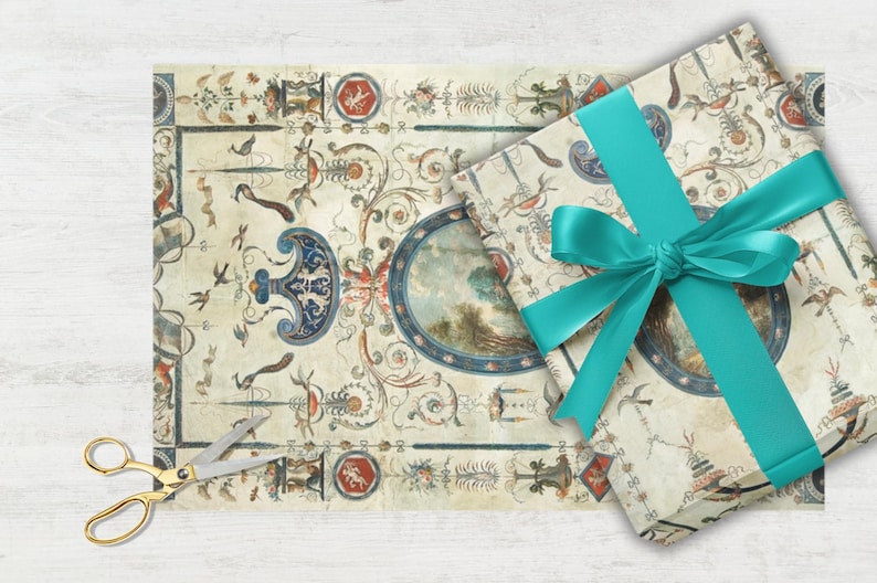 Wrap your presents this Christmas holiday season in elegance with this vintage French chateau neoclassical design. Featuring intricate details, this antique-style wrap adds sophistication to any gift packaging. Perfect for DIY projects, scrapbooking, art supplies, and crafting, this high-quality paper roll enhances any occasion with its timeless charm. Elevate your gift wrap with historic beauty and luxurious packaging.
