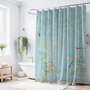 Chinoiserie Shower Curtain, Hand-Painted Watercolor Design, Floral Bathroom Decor, Vintage Home, Botanical Bath Curtain, Chic Fabric Liner