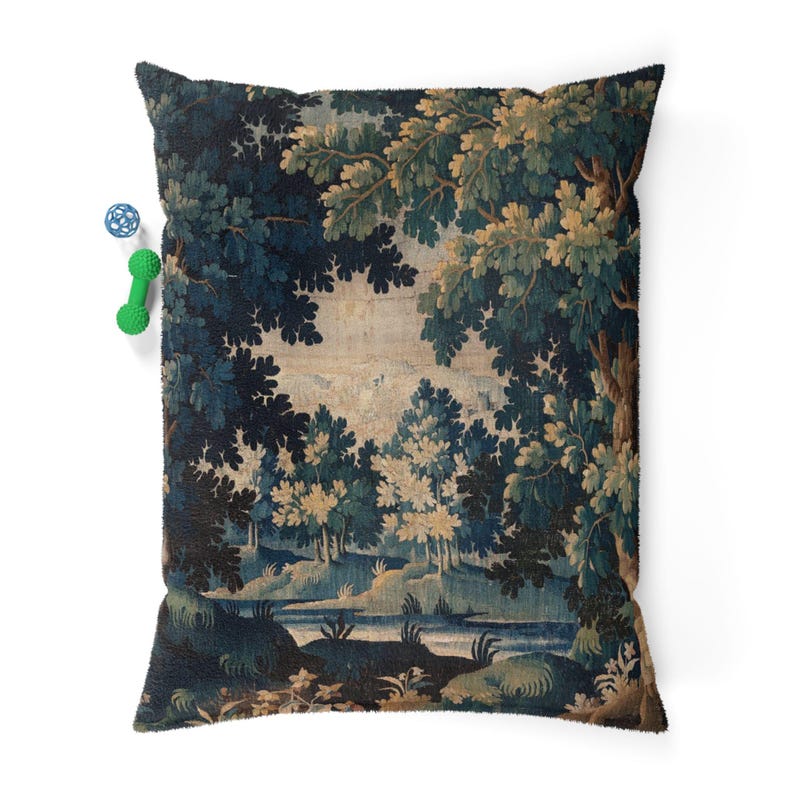 Bring timeless charm to your space with this pet bed featuring an 18th century French Aubusson verdure tapestry print. A perfect blend of vintage elegance and comfort, this luxury pet bed doubles as a dog bed, cat bed, or stylish pet mat. Ideal for grandmillennial, cottagecore, farmhouse, and rustic interiors. Use as pet furniture or a decorative cushion. A refined addition to your home decor and pet supplies, showcasing antique print style in a cozy country design.