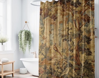 French Verdure Shower Curtain, Aubusson Style Tapestry Reproduction, Vintage Bathroom Decor, Elegant Bath Curtain, Country Farmhouse Chic