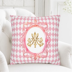 Capa de almofada com monograma de Maria Antonieta, estilo rococó francês, rosa.
