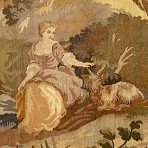 Bring timeless charm to your home with this 19th-century French verdure garden tapestry wall hanging. Featuring pastoral scenes, elegant figures, and lush foliage, this antique-style Aubusson piece adds a grandmillennial touch to any room. Perfect for French country, cottagecore, or vintage decor. Ideal for a living room, bedroom, or hallway. A statement piece for lovers of historic wall art, tapestries, and château interiors.